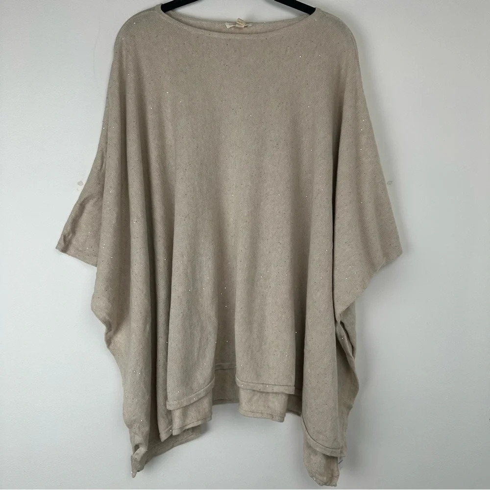 Eileen Fisher Women’s‎ Poncho Sweater One Size Tan Sequin Silk Organic Cotton